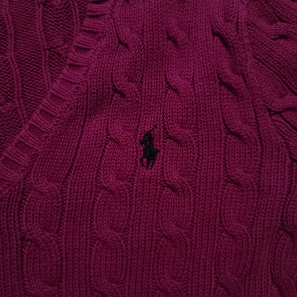 Ralph Lauren Sport Cable Knit Sweater Womens L Magenta Pink V-Neck Cotton - Picture 2 of 7